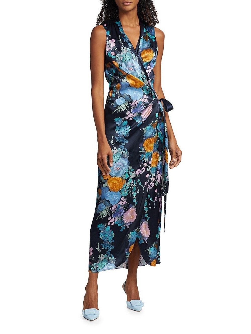 Vince Painted Bouquet Draped-Pleat Midi Wrap Dress